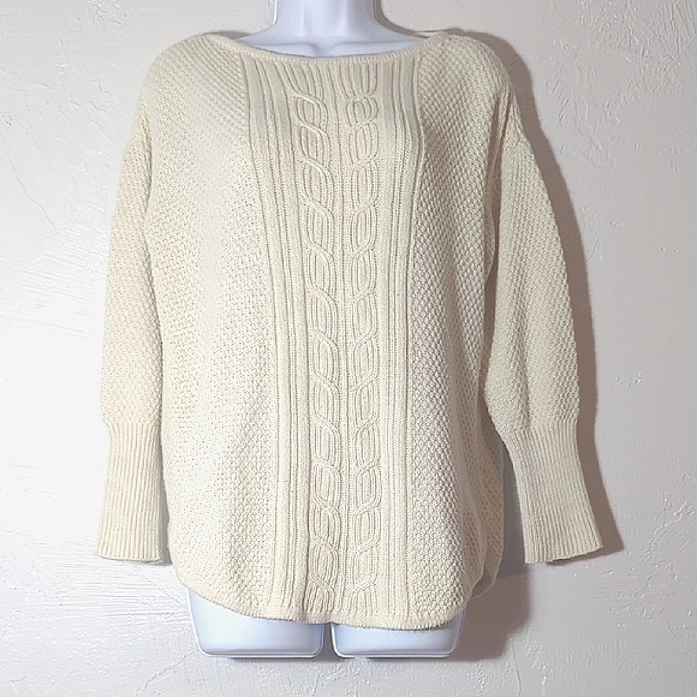 Womens Cream Cable Knit Fisherman Sweater Coastal Comfy Cozy Casual Basic Fall